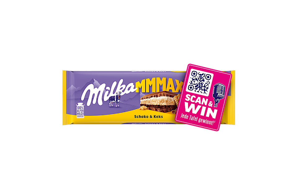 Milka MMMAX Schoko&Keks Packshot mit QR-code fpr Gewinn-Spiel
